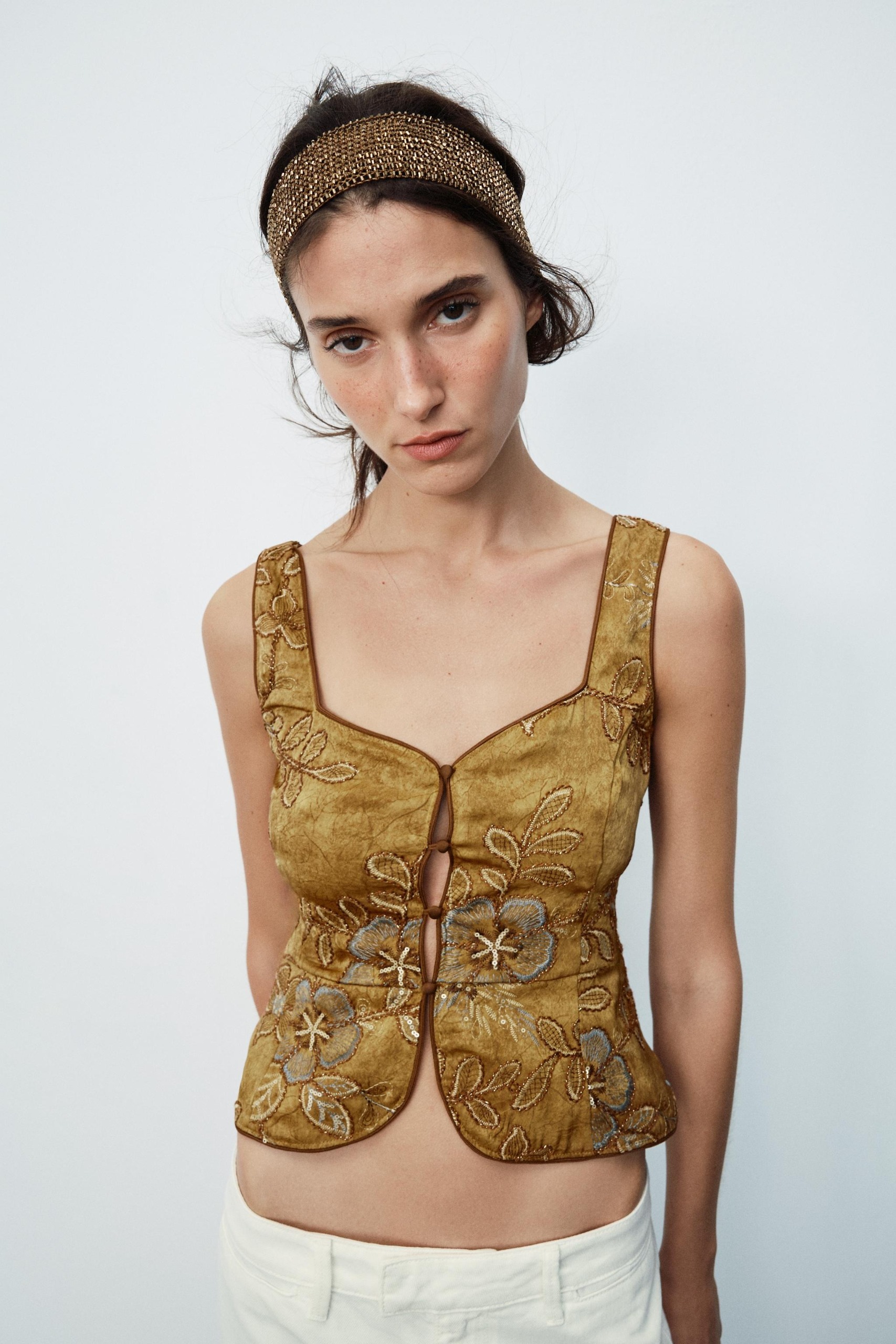 ZARA, Beaded Embroidered Vest Top - Ocher - S