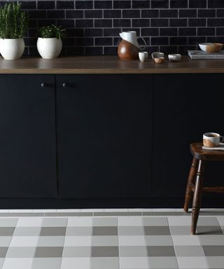 Victorian floor tiles in green/grey check pattern Cambridge 3 Colour Pattern in a kitchen with black matte cabinetry and metro tile splashback - Original Style