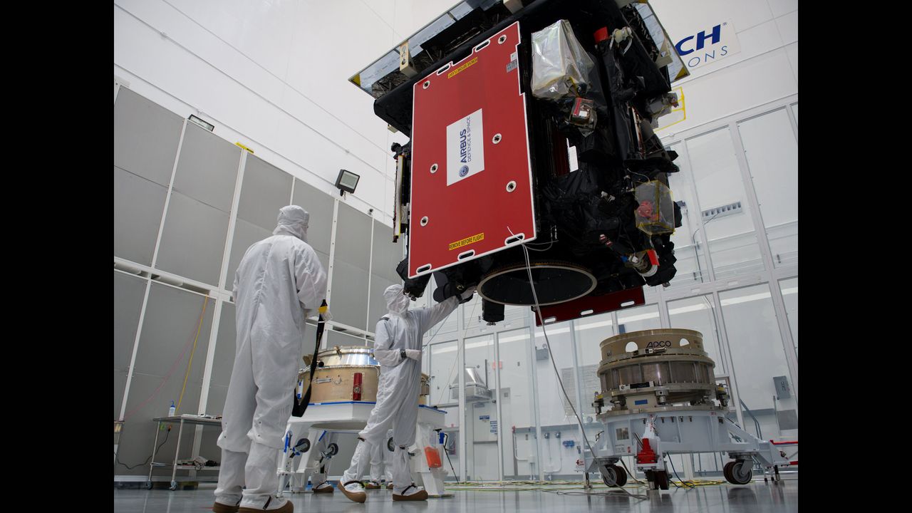 The fairing of the US Atlas V 411 rocket with the European Space Agency's Solar Orbiter spacecraft inside at the Astrotech payload processing facility near Kennedy Space Center in Florida during launch preparations on, on Jan. 21, 2020.