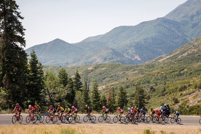 What's lefts of the peloton on the way up the climb on August 8, 2018 in Cedar City, Utah.