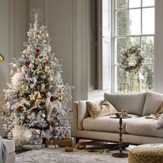 Winter Fayre John Lewis theme in a living room, with a white Christmas tree and white living room decor