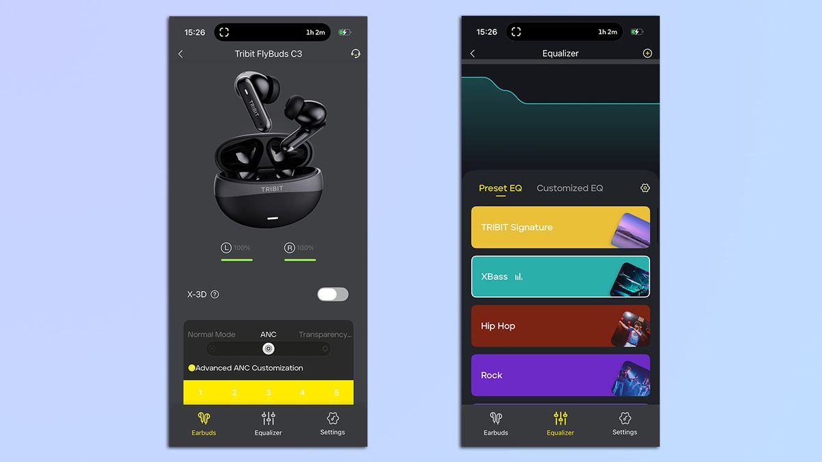 Screenshots from the Tribit app for Tribit FlyBuds C3