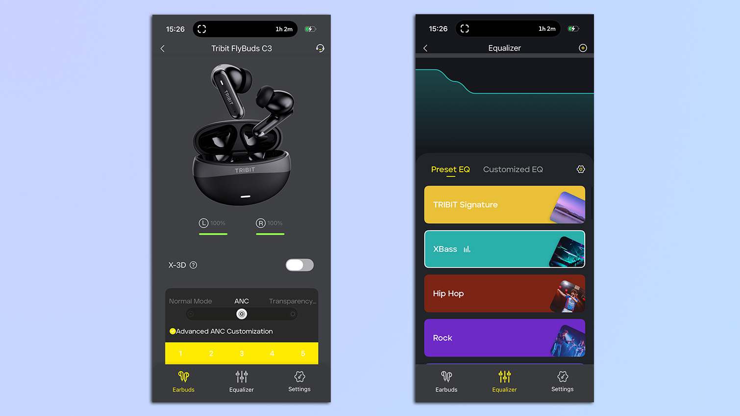 Screenshots from the Tribit app for Tribit FlyBuds C3