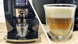 Split image of Jura J10 coffee machine, and close-up of latte macchiato made using it