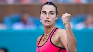 Aryna Sabalenka pumps a fist during her match against Coco Gauff of the United States on Day 12 of the Miami Open at Hard Rock Stadium in Miami Gardens, Florida, on March 28, 2026.