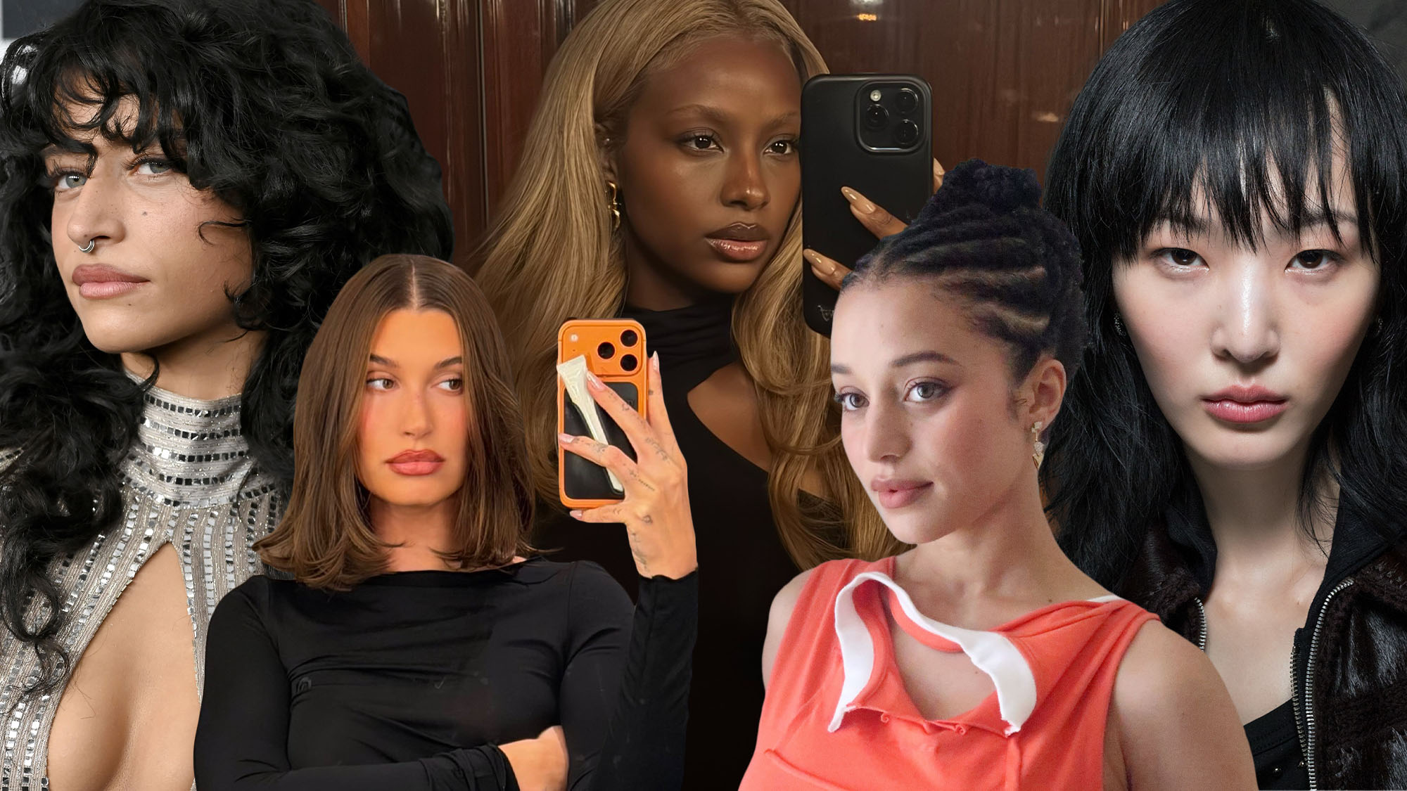 Photo collage of Odessa A'zion, Justine Skye, Hailey Bieber, Chase Infiniti, and. a Prabal Gurung model wearing 2026 hair trends