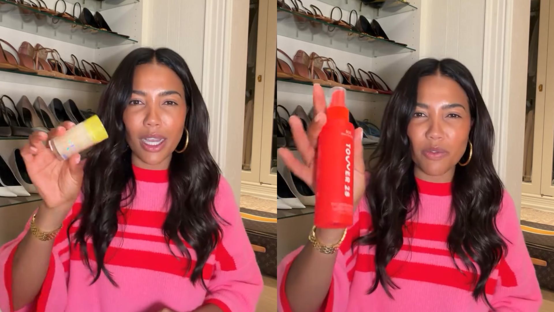 Emma Grede pictured in a pink and red dress, holding supergoop spf stick and tower 28 facial mist