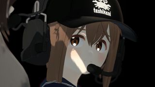 Anime girl with brown hair and eyes in black hat and headset