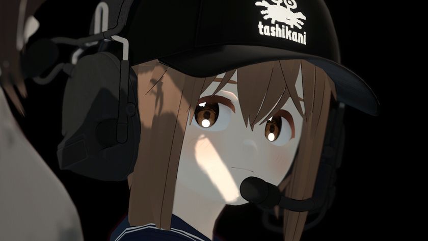 Anime girl with brown hair and eyes in black hat and headset