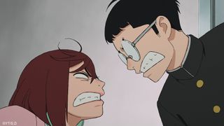 Okarun and Momo angry with each other in the Dan Da Dan anime