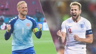 England vs Denmark live stream at Euro 2020 — Kasper Schmeichel of Denmark and Harry Kane of England