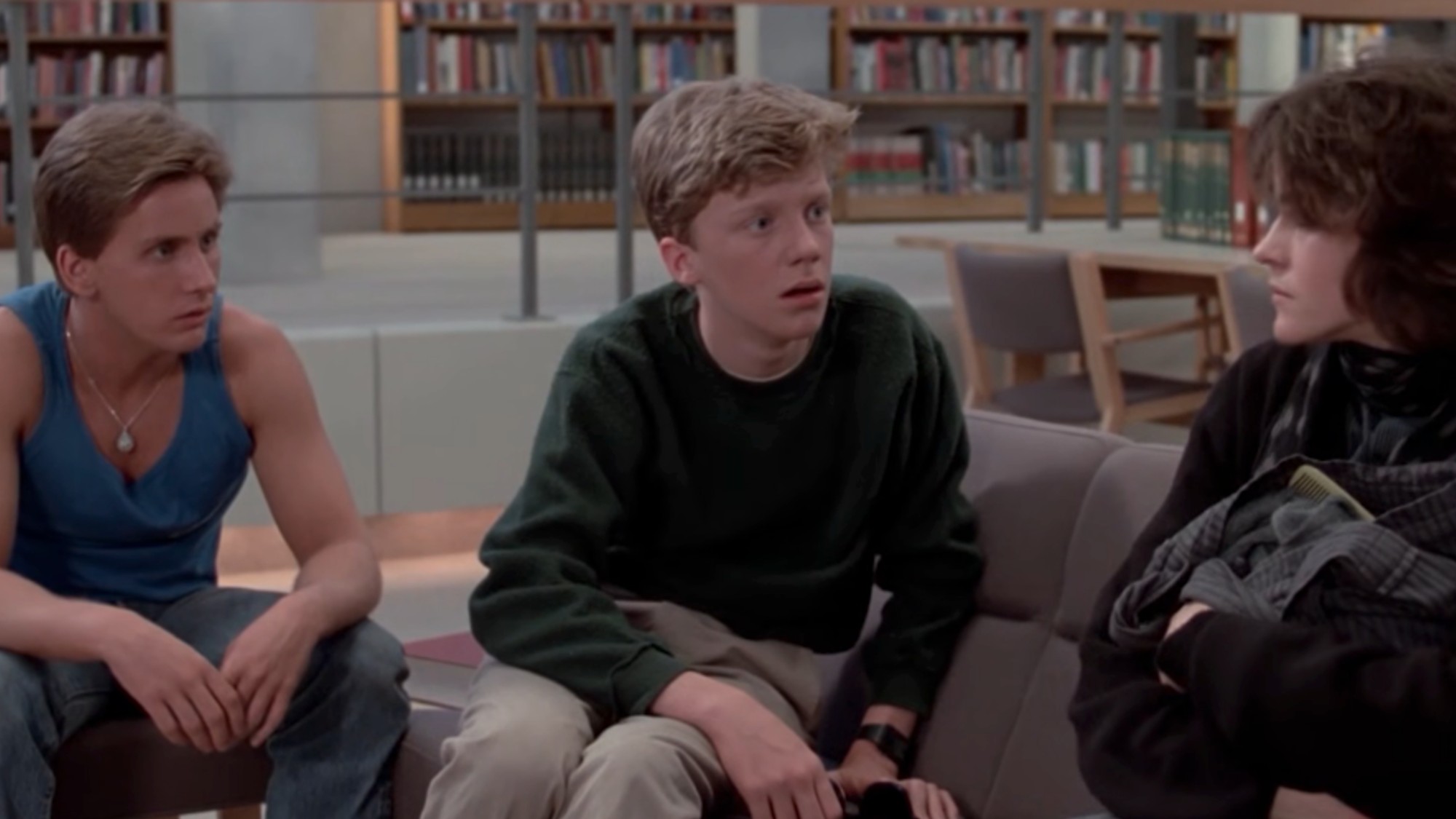 From left to right: Emilio Estevez, Anthiny Michael Hall, and Ally Sheedy in The Breakfast Club.
