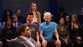 ) Kenan Thompson as Professor Norman Hemming, Mikey Day as Dean, Chloe Fineman as Patricia Faulkner, and host Ryan Gosling as Jeff during the "Beavis and Butt-Head" sketch on Saturday, April 13, 2024