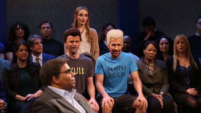 Kenan Thompson as Professor Norman Hemming, Mikey Day as Dean, Chloe Fineman as Patricia Faulkner, and host Ryan Gosling as Jeff during the &quot;Beavis and Butt-Head&quot; sketch on Saturday, April 13, 2024