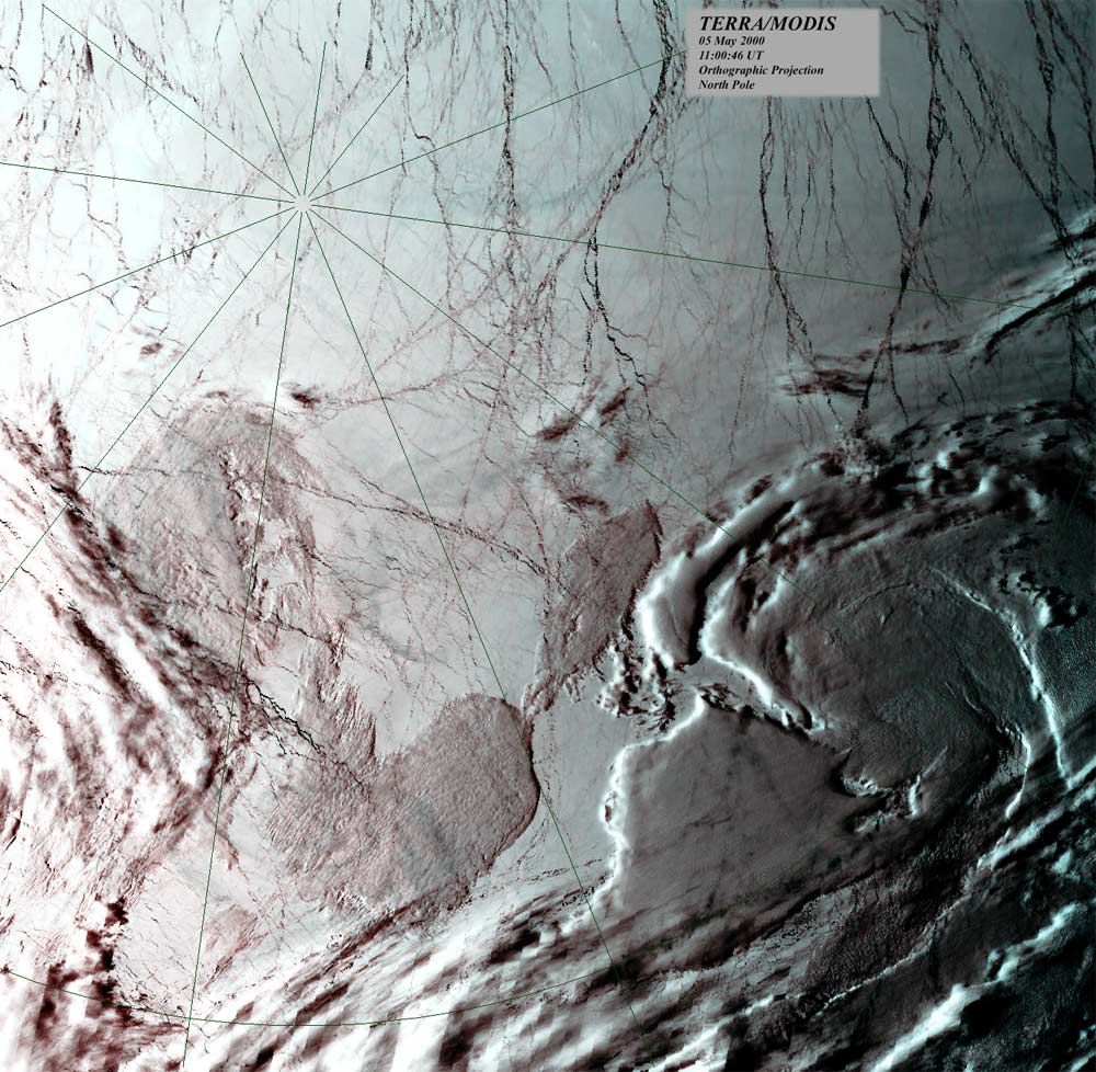 A true-color image taken on May 5, 2000, by an instrument aboard NASA&#39;s Terra spacecraft, over the North Pole, with sea ice shown in white and open water in black.