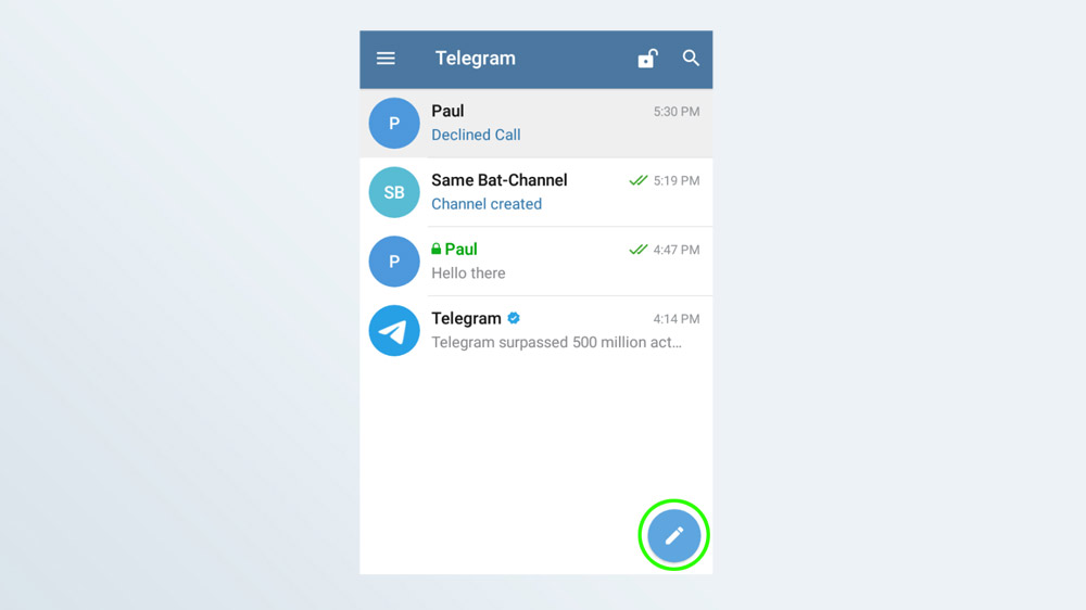 Captura de pantalla de la pantalla de inicio de la aplicación Telegram.