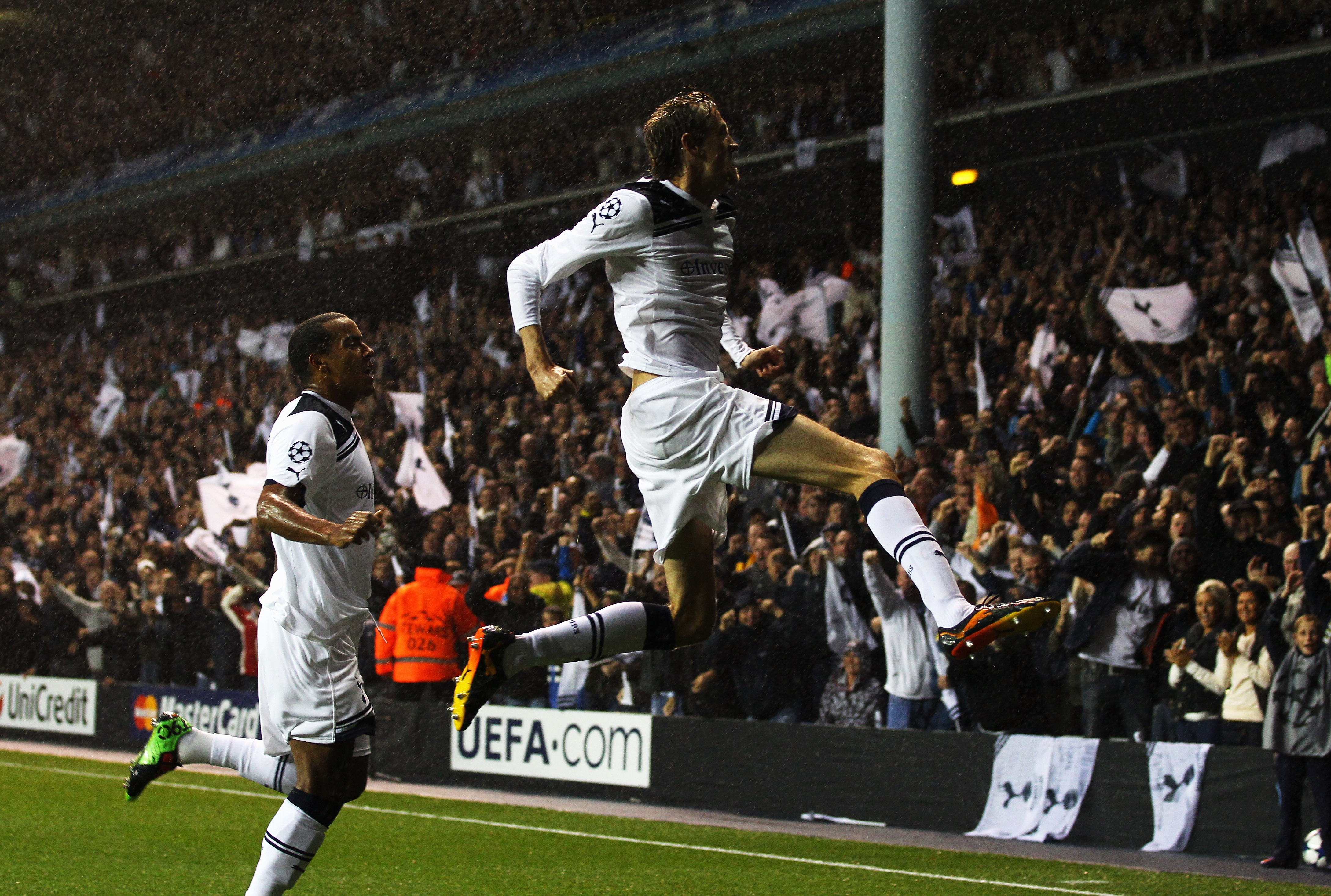 Peter Crouch celebrates after scoring a goal for Tottenham against Young Boys in August 2010.