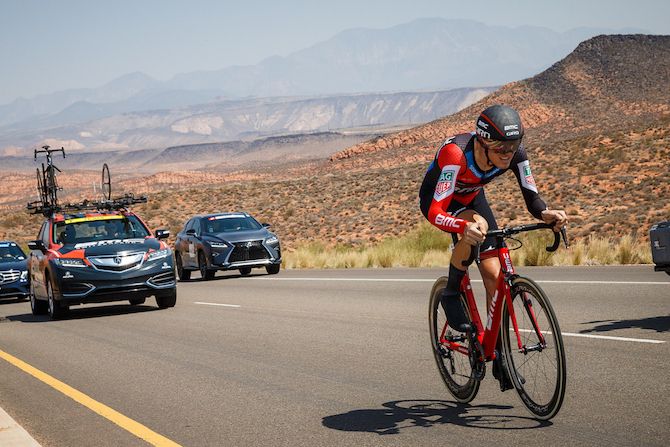 Tejay van Garderen of the United States and the BMC Racing Team on his way to winning the prologue on August 6, 2018 in St. George, Utah.