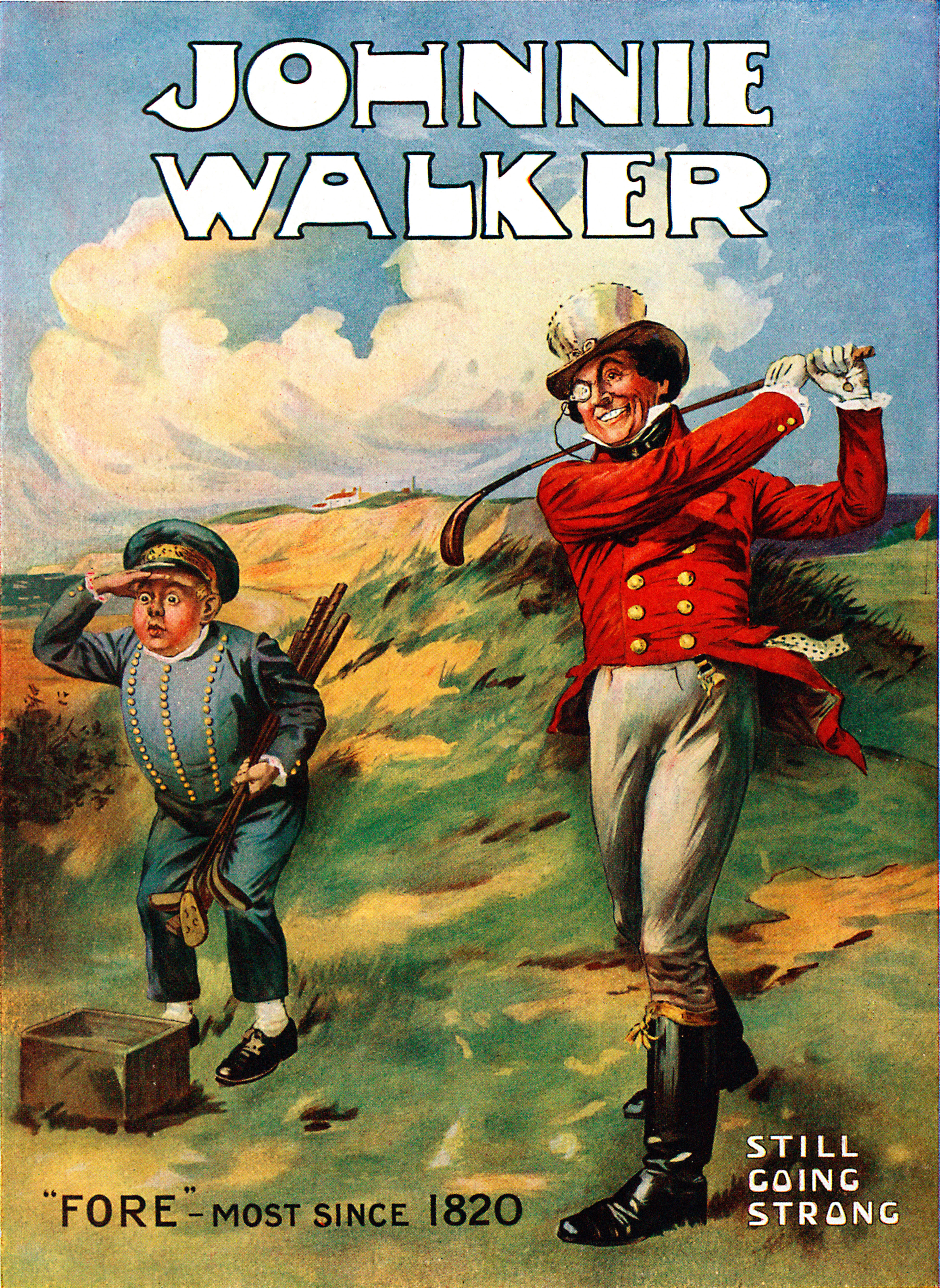 Johnnie Walker Fore Advert for Johnny Walker Whisky from the 1920s with the man himself driving off the tee. Image shot 1924. Exact date unknown.