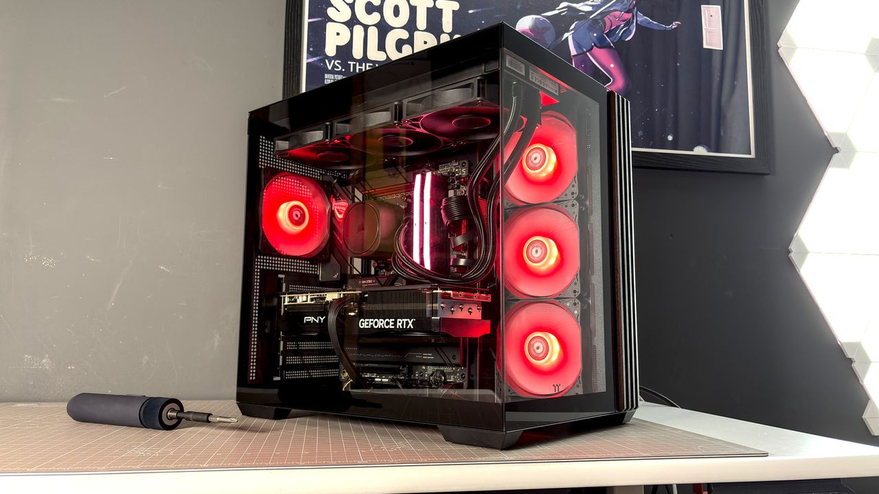 The Thermaltake View 380 WS ARGB on a desk with various components fitted.