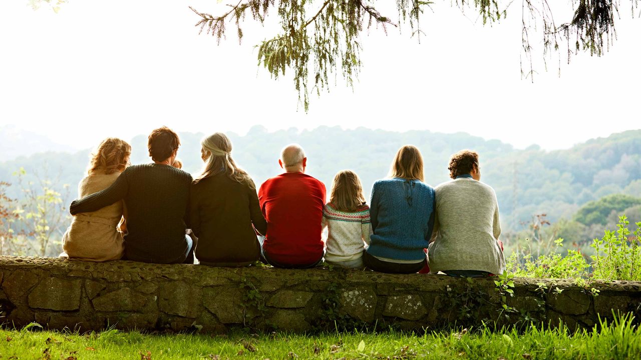 A family with several grown children sit on a rock wall, taking in a view of a valley.