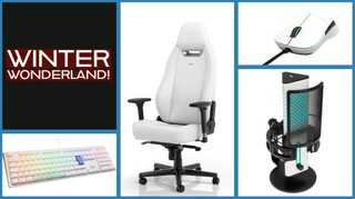 An image showing the gaming chair, mouse, keyboard, and microphone available in the Winter giveaway.