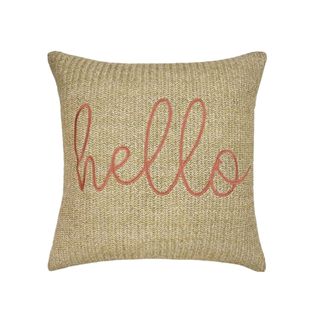Outdoor square pillow that says hello in pink script