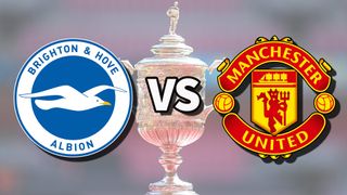 Brighton and Man Utd football club logos over an image of the FA Cup Trophy