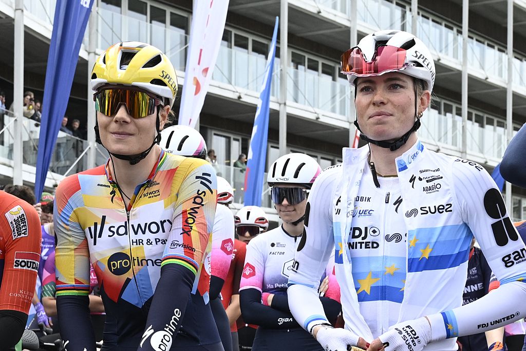 Belgian Lotte Kopecky of SD Worx-Protime, Dutch Demi Vollering of FDJ United&amp;amp;#8208 and SUEZ pictured at the start of the women elite race of the 'Dwars Door Vlaanderen' cycling event, 128,9km from Roeselare to Waregem, Wednesday 01 April 2026.BELGA PHOTO TOM GOYVAERTS (Photo by Tom Goyvaerts / BELGA MAG / Belga / AFP via Getty Images)