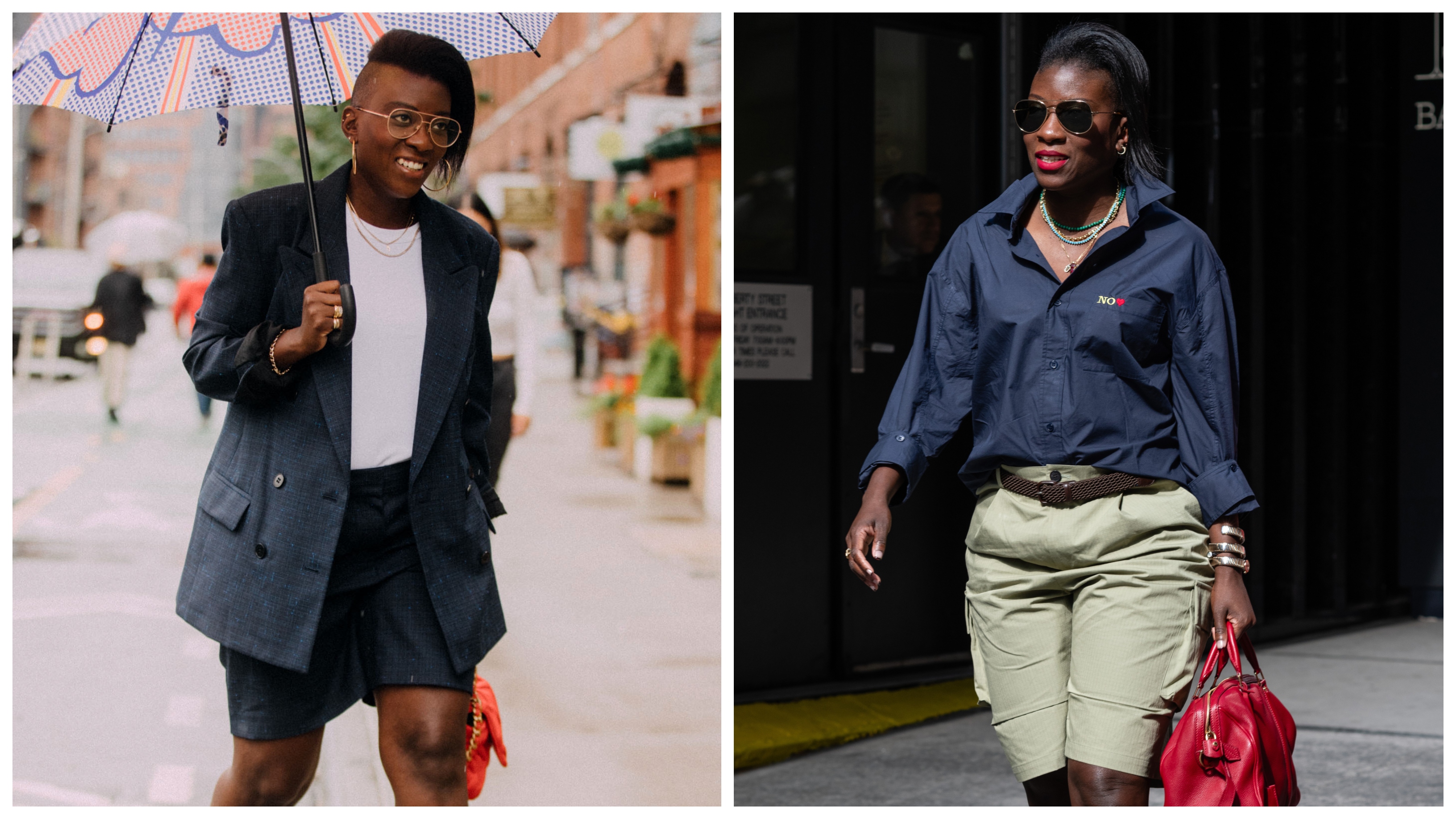 collage of nikki ogunnaike wearing shorts