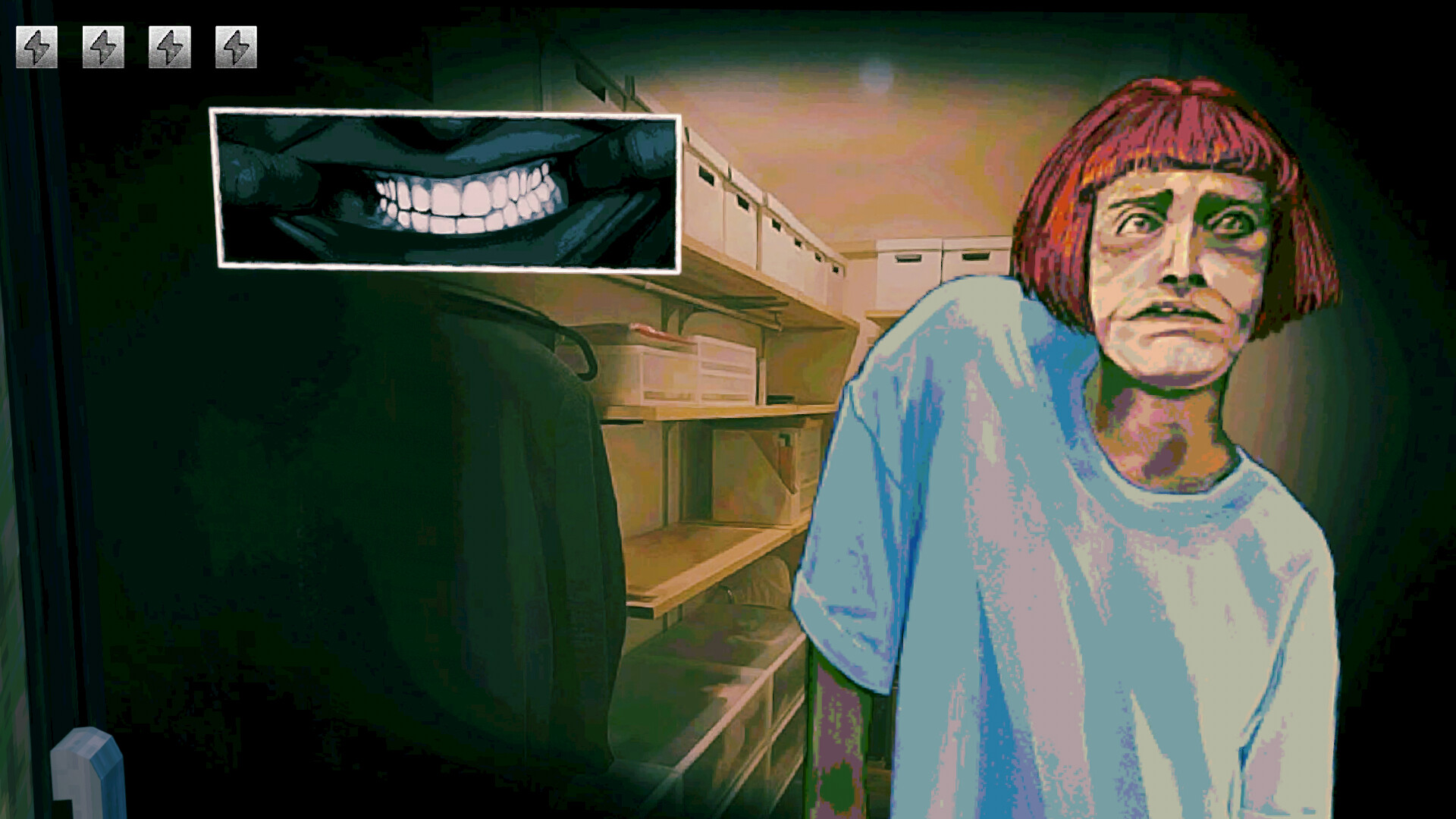 No I'm Not a Human screenshot of a man with a white t shirt and a red bob haircut showin his white teeth