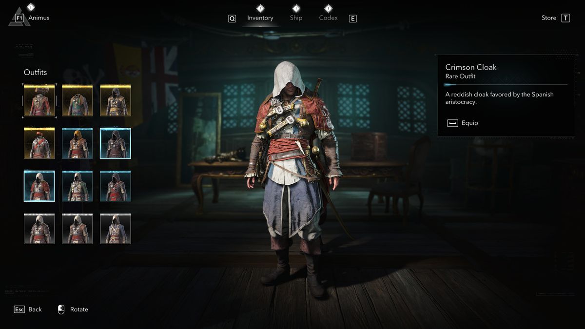 Black Flag outfits: The Crimson Cloak outfit viewed in the menu.