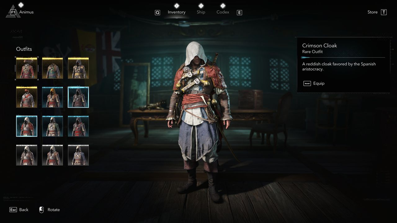 Black Flag outfits: The Crimson Cloak outfit viewed in the menu.