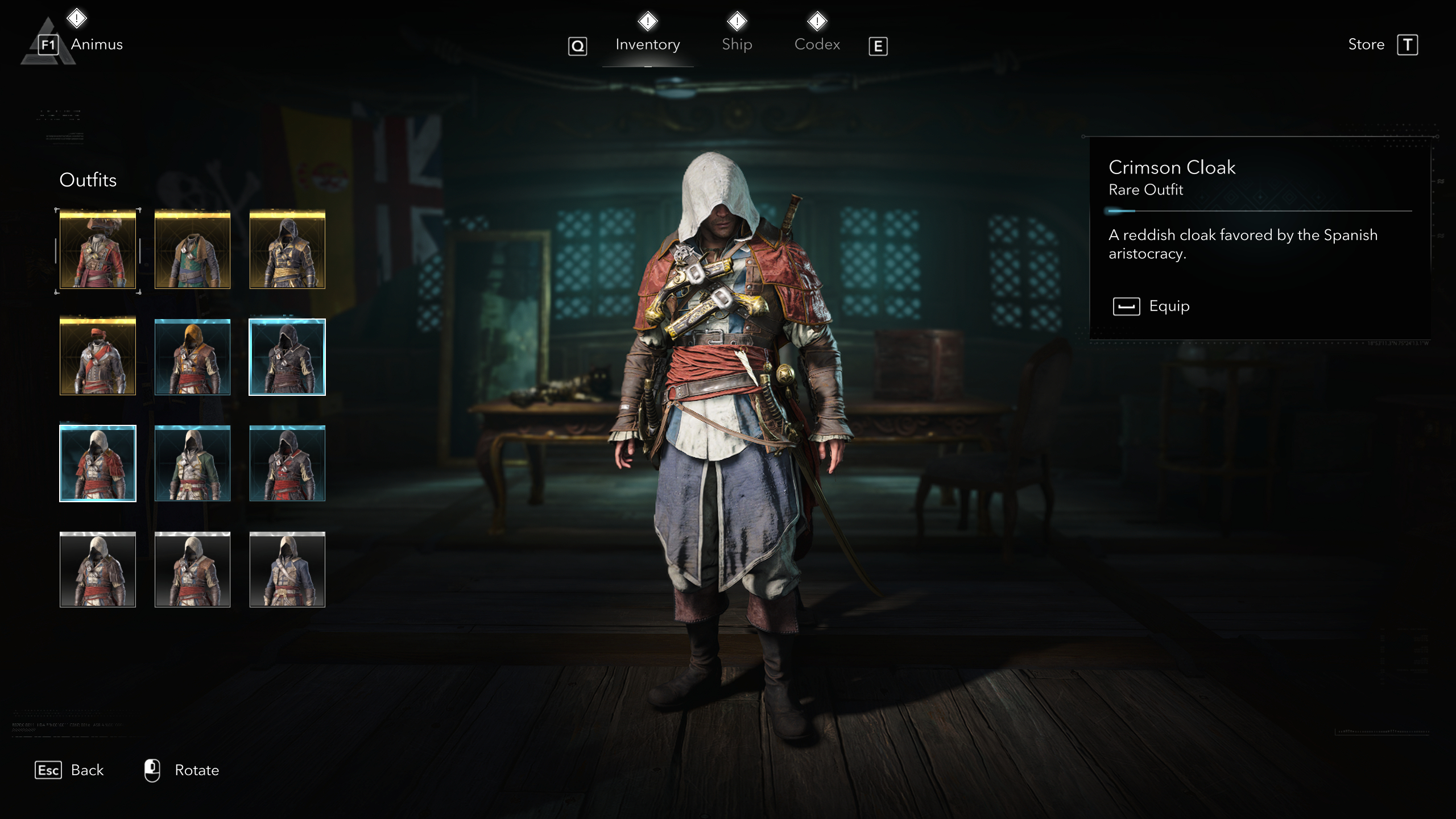 Black Flag outfits: The Crimson Cloak outfit viewed in the menu.