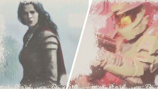 A pixel art of a woman and man in space armour