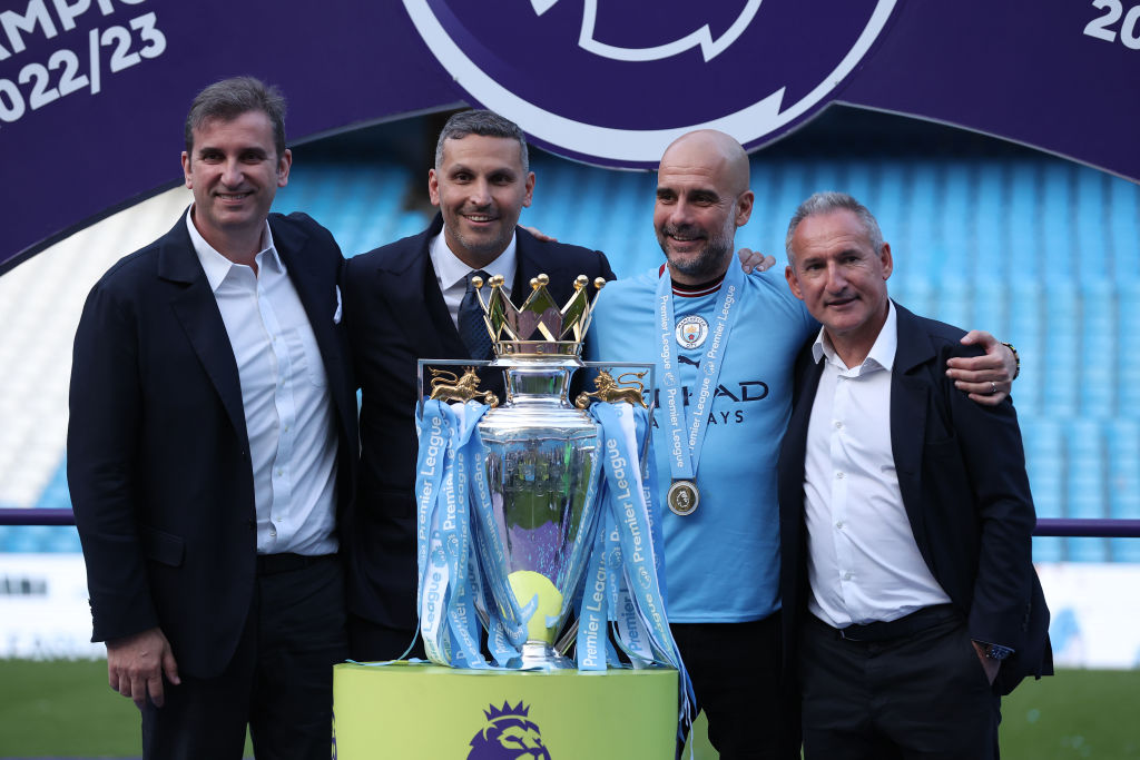 Ferran Soriano the Chief Executive Officer of Manchester City, Khaldoon Al Mubarak the Chairman of Manchester City, Pep Guardiola the manager of Manchester City and Txiki Begiristain the Director of Football of Manchester City celebrate after the Premier League match between Manchester City and Chelsea FC at Etihad Stadium on May 21, 2023 in Manchester, England.