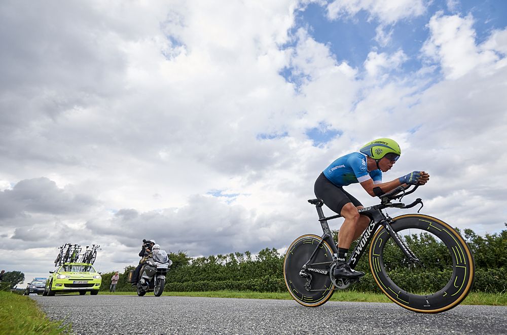 Mads Valgren of Tinkoff in action during stage four at the Postnord Danmark Rundt race time trial in Nyborg