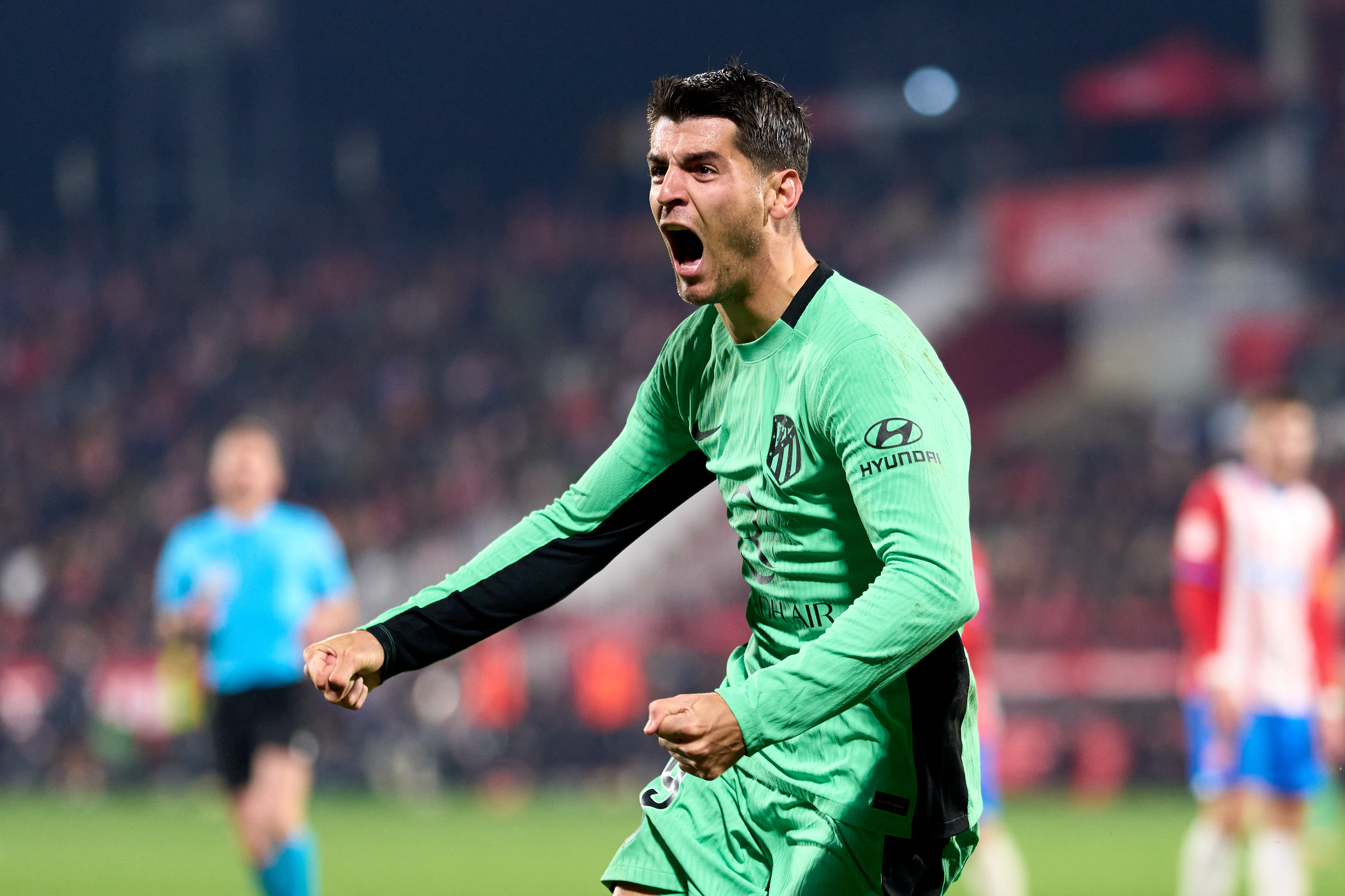 Alvaro Morata celebrates his third goal for Atletico Madrid against Girona in La Liga in January 2024.