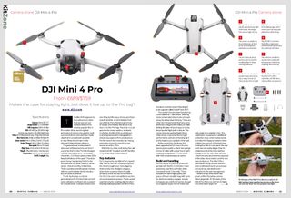 Opening two pages of DJI Mini 4 Pro drone review in Digital Camera magazine March 2024