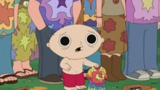 Stewie wearing no shirt and looking messed up on Family Guy