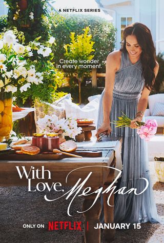 The poster for Meghan Markle's show With Love, Meghan featuring her in a long blue dress holding pink flowers standing in front of a wood table