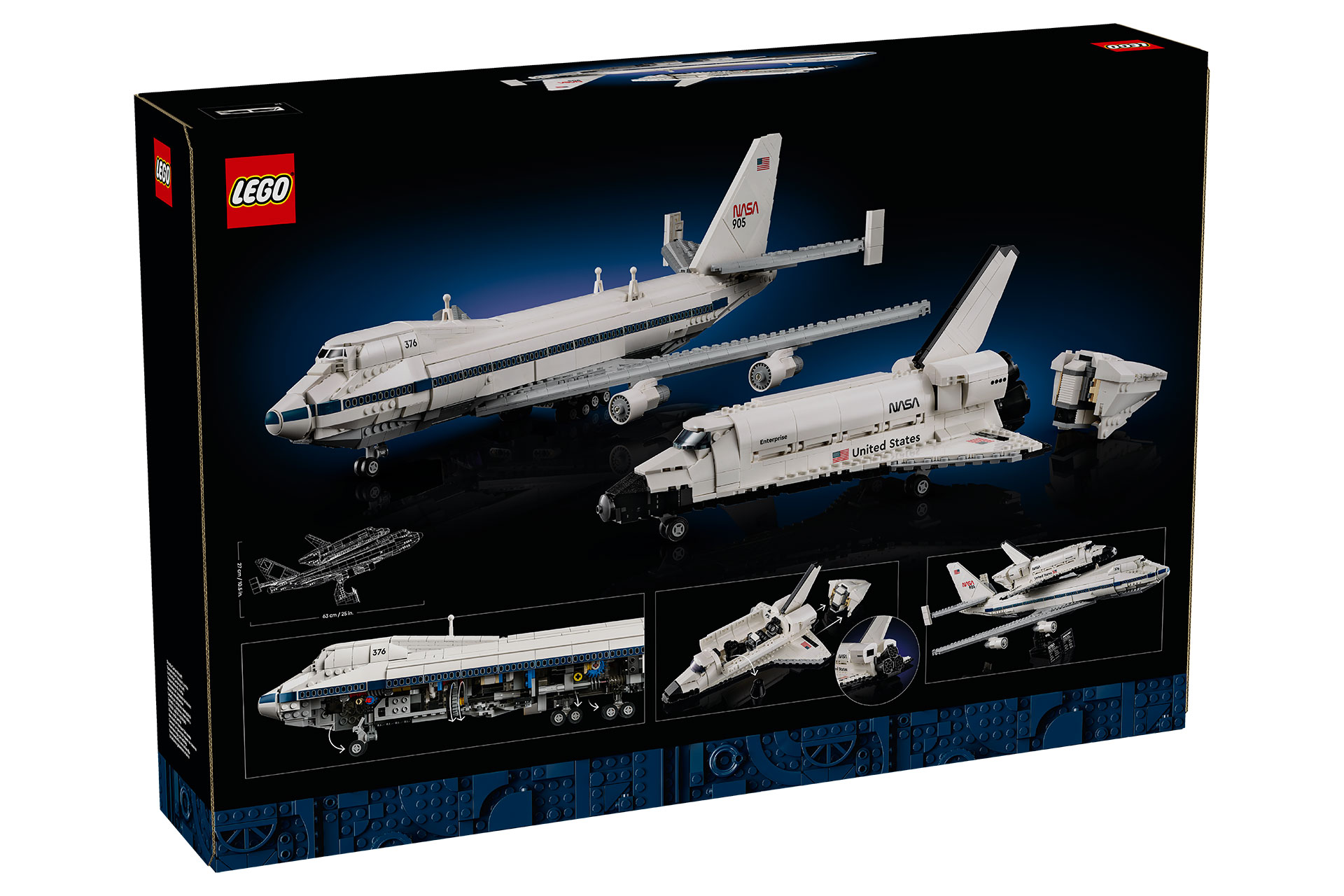 box art for a toy building kit that assembles to form a jumbo jetliner and the winged spacecraft that rides atop it.