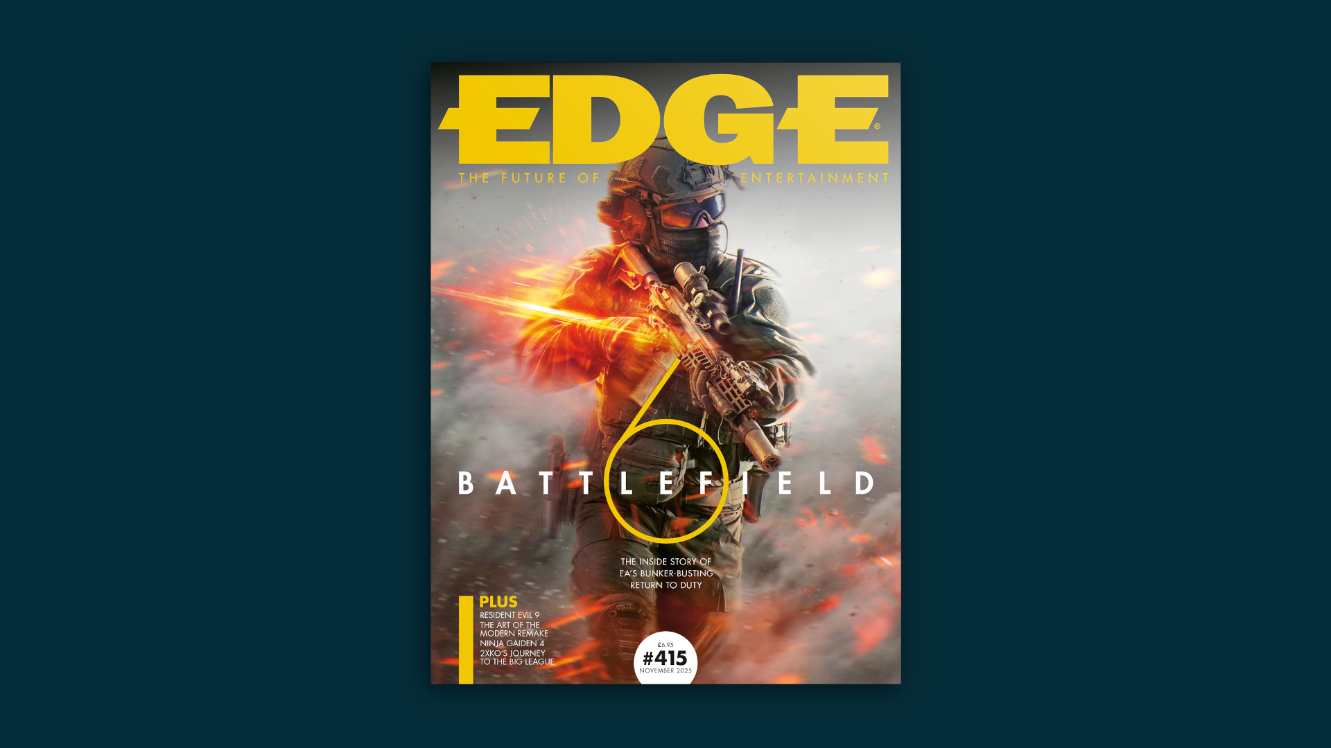 Edge issue number 415, showing a modern soldier with a rifle surrounded by smoke, orange highlights smearing from his body to highlight motion - this is the Battlefield 6 cover