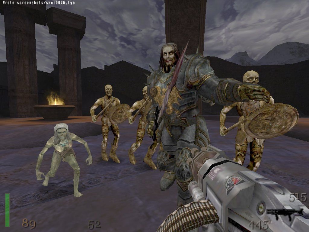 An RTCW screenshot showing the final boss, Heinrich I, flanked by several undead enemies.