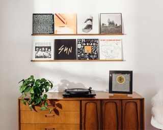 a vinyl wall above a wooden dresser with a turntable and plant