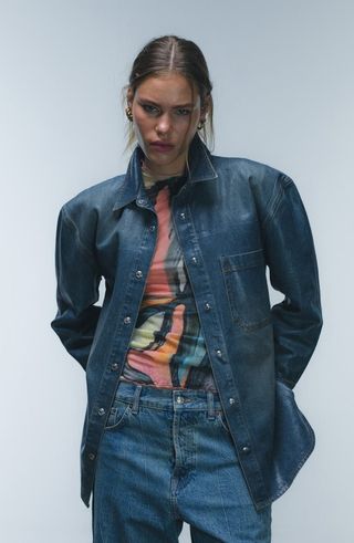 Coated Denim Snap-Up Shirt