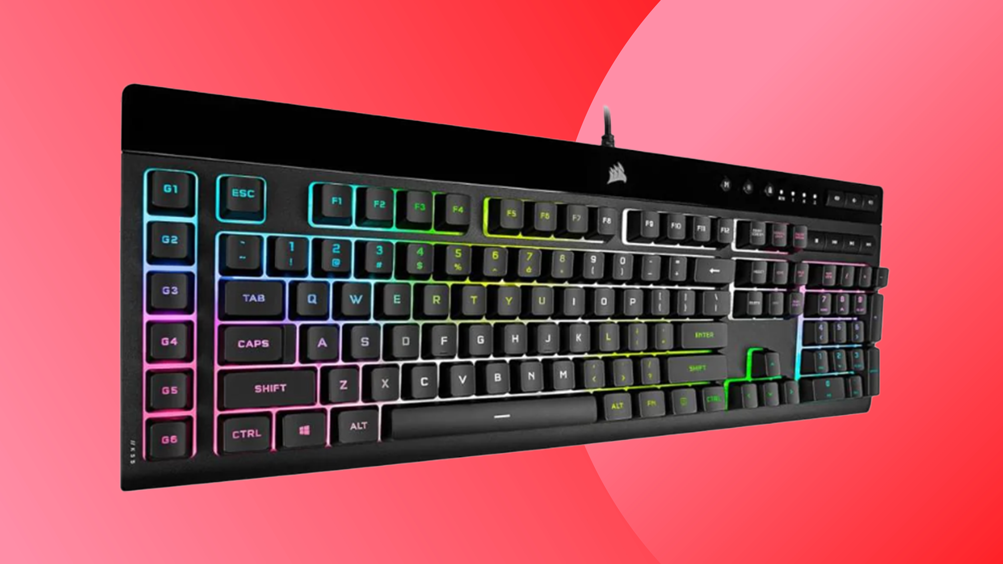 A Corsair Black Friday deals image with a Corsair K55 RGB Pro XT keyboard on a red background
