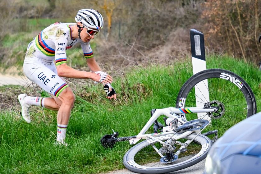 Slovenian Tadej Pogacar of UAE Team Emirates pictured after a crash during the men elite &#039;Strade Bianche&#039; one day cycling race, 213km from and to Siena, Italy on Saturday 08 March 2025. BELGA PHOTO DIRK WAEM (Photo by DIRK WAEM / BELGA MAG / Belga via AFP)