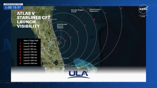 A visibility map showing circles of visibility for when Boeing's Starliner astronaut flight may be visible from the southeastern US and eastern Florida.