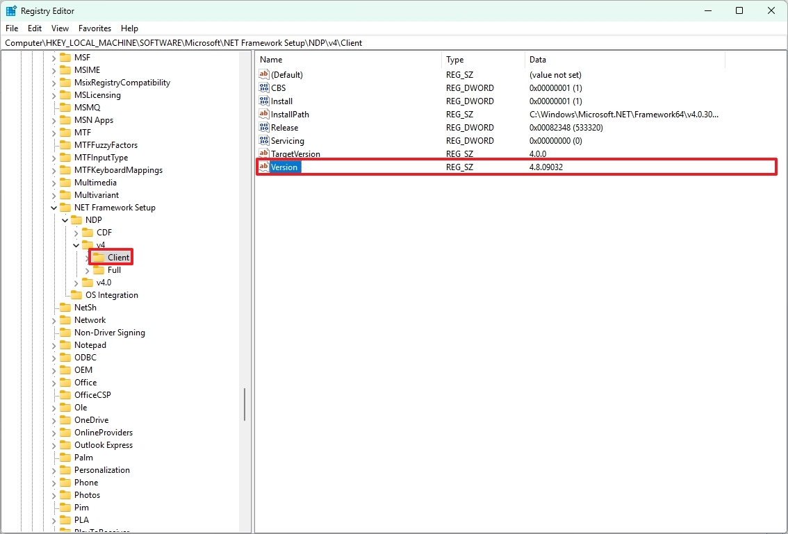 Check .NET Framework version with Registry